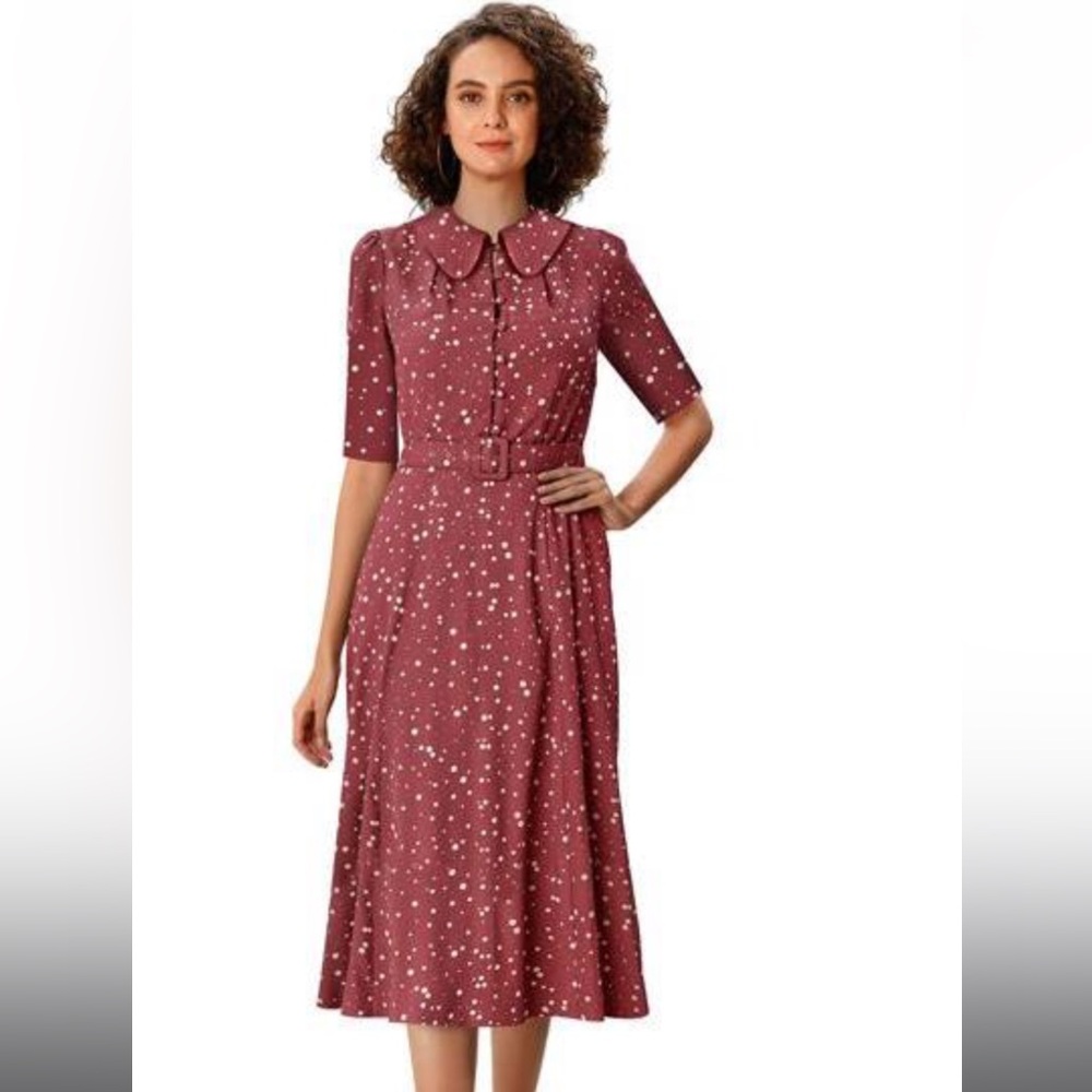 eShakti Puff Sleeve Dot Print Crepe Belted Dress